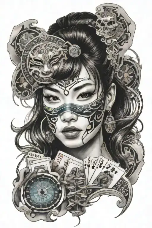 Asian Girl Face With Mask Flowing Into A Casino Theme