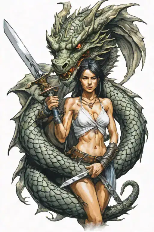 A Dragon With A Woman Holding A Sword