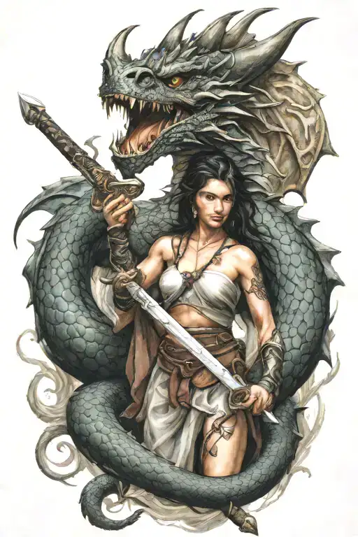 A Dragon With A Woman Holding A Sword