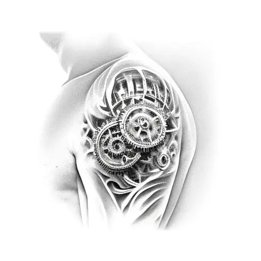 Black And White Biomechanical Shoulder With Gears And Veins