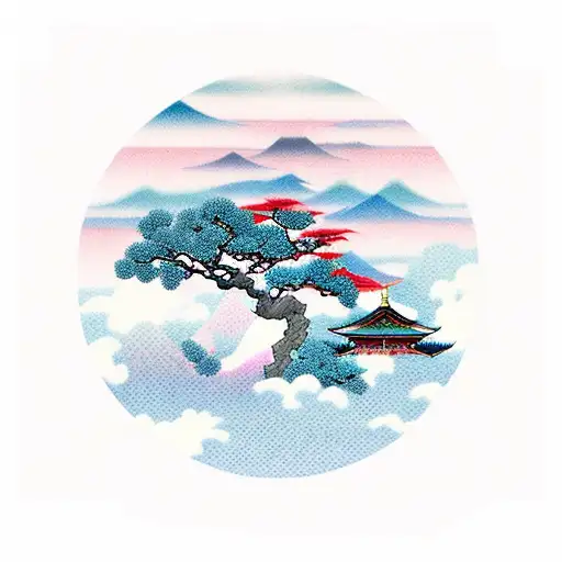 Red Japanese Temple With Pink Peach Trees And Blue Dragon In The Sky