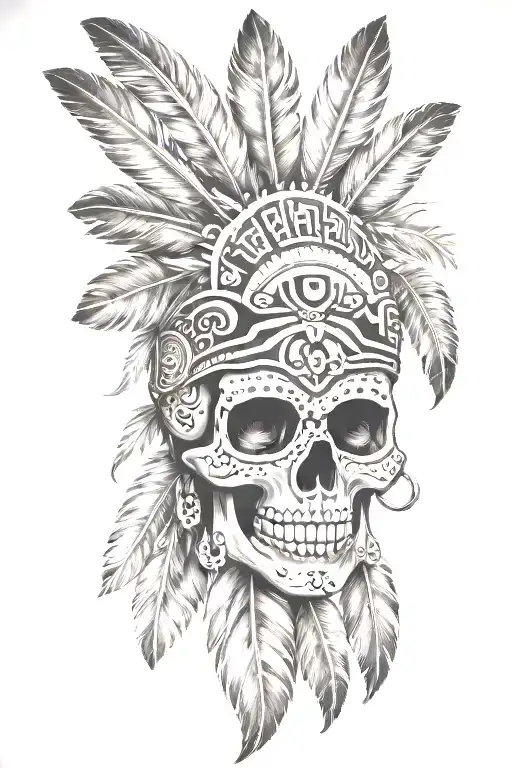 Mexican Aztec Skull With Feathers