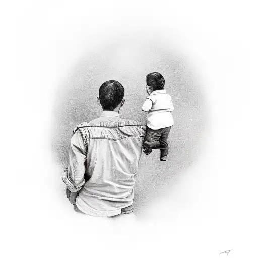 A Realistic Portrait Of A Father And Child Holding A Pocket Watch Together