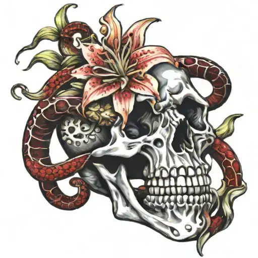 Skeleton Hand Holding A Red Snake With Lily Flowers