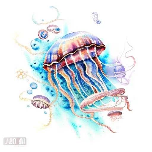 A Realistic Watercolor-style Tattoo Of A Jellyfish Swimming In A Vibrant Ocean