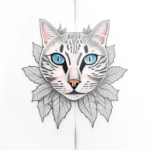 Woman Portrait With Orange Cat Eye And Leafs