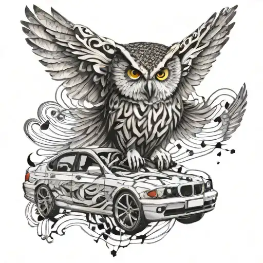 An Owl With Wings Made Of Music Notes Flying Over A Bmw Car