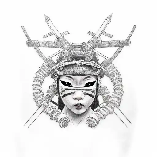 A Japanease Woman With A Samurai Mask And Black Ink Around Growing A Horn From Her Left Side