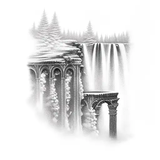 A Serene Waterfall Nestled Among Roman Architecture