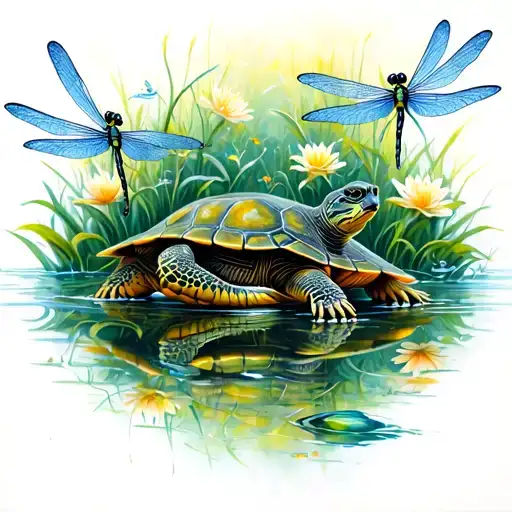 Turtle Surrounded By Dragonflies And Water Liles