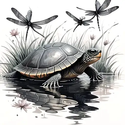 Turtle Surrounded By Dragonflies And Water Liles In Black And Grey