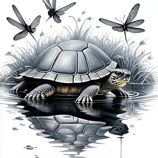 Turtle Surrounded By Dragonflies And Water Liles In Black And Grey