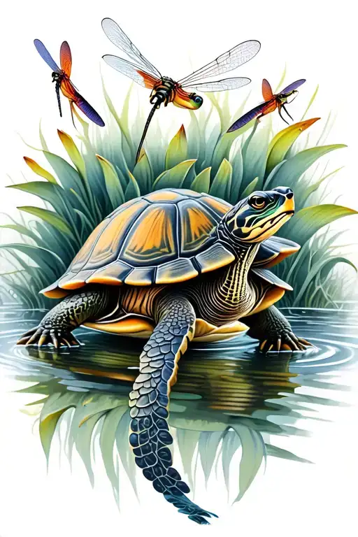 A Realistic Turtle Looking At Dragonflies With A Water Lily Border