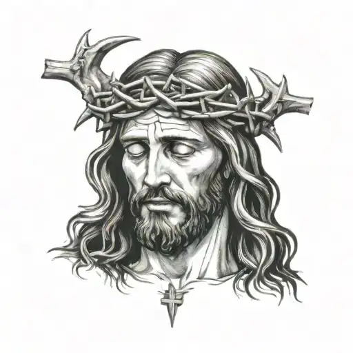 Jesus Close Up Looking Down From The Side With Messy Long Hair Bloody Wearing Crown Of Thorns