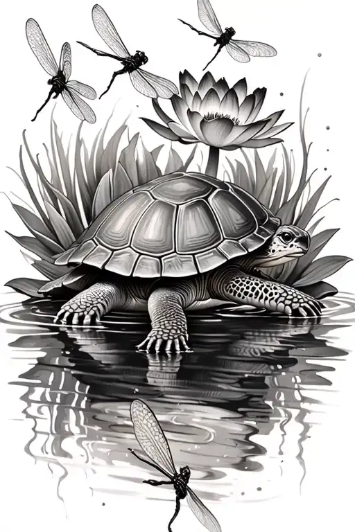 A Realistic Turtle Watching Dragonflies With A Water Lily Border In A Black And Grey