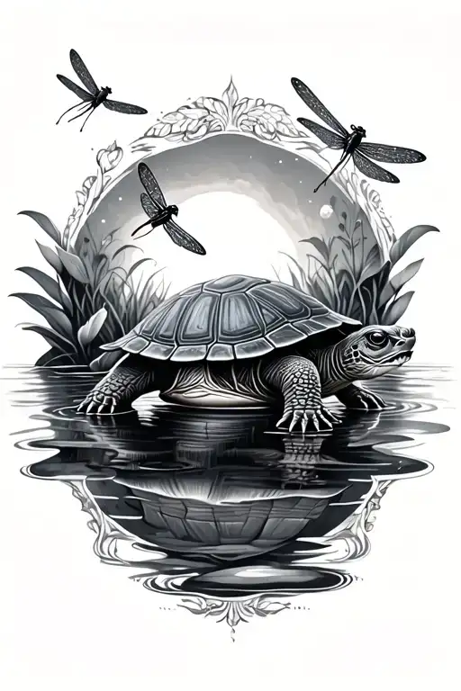 A Realistic Turtle Watching Dragonflies With A Water Lily Border In A Black And Grey