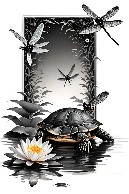 A Realistic Turtle Watching Dragonflies With A Water Lily Border In A Black And Grey