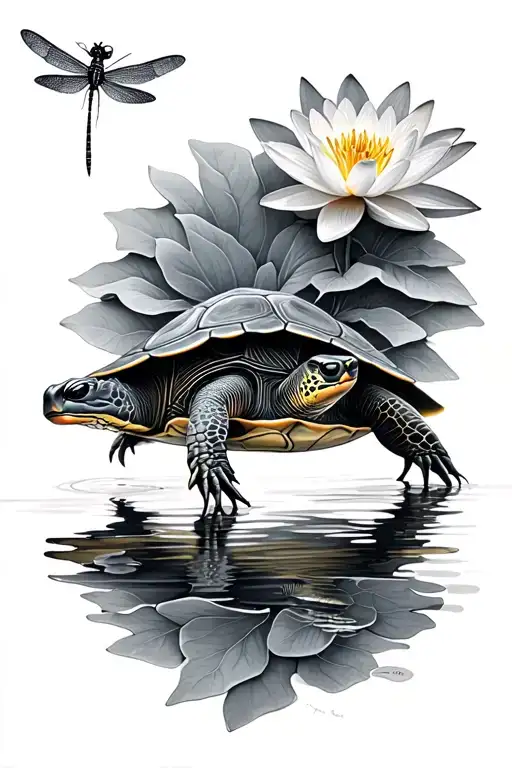 A Realistic Turtle Watching Dragonflies With A Water Lily Border In A Black And Grey