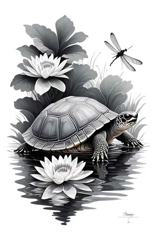 A Realistic Turtle Watching Dragonflies With A Water Lily Border In A Black And Grey