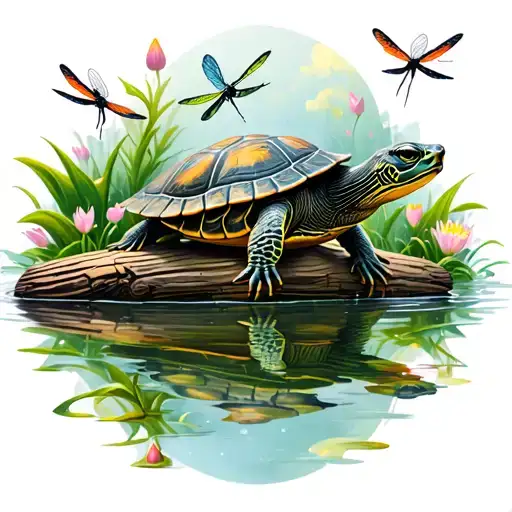 Realistic Turtle Sitting On A Log Watching Dragonflies Flying With Water Lilly Border
