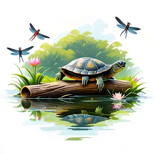 Realistic Turtle Sitting On A Log Watching Dragonflies Flying With Water Lilly Border