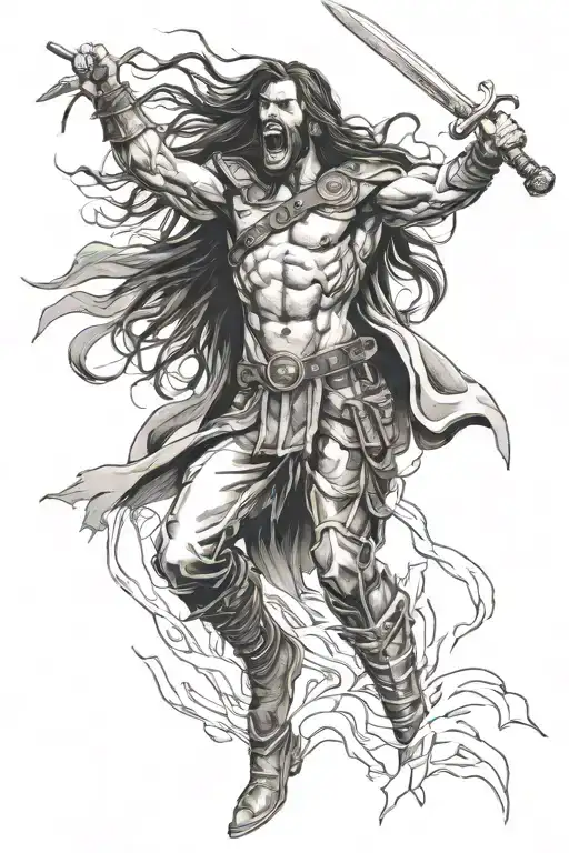 Man Warrior With Long Hair Standing Bottom Pose Looking Up And Screaming