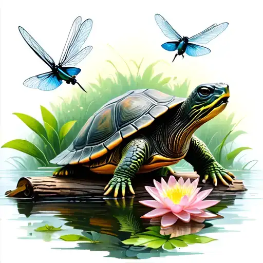 Realistic Turtle Sitting On A Log Watching Dragonflies Flying With Water Lilly Border