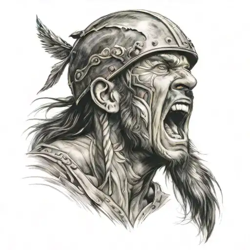 Head Of Man Warrior Looking Up And Screaming