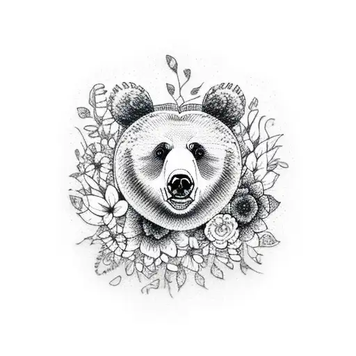 A Dotwork Tattoo Of A Bear Surrounded By Butterflies And Flowers