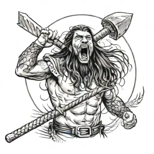 Man Warrior With Long Hair Looking Up And Screaming Holding Axes