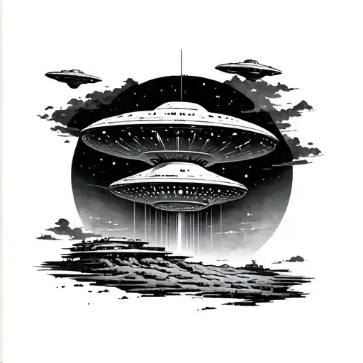 Alien Ship Ufo Abduction Scene With Intricate Blackwork