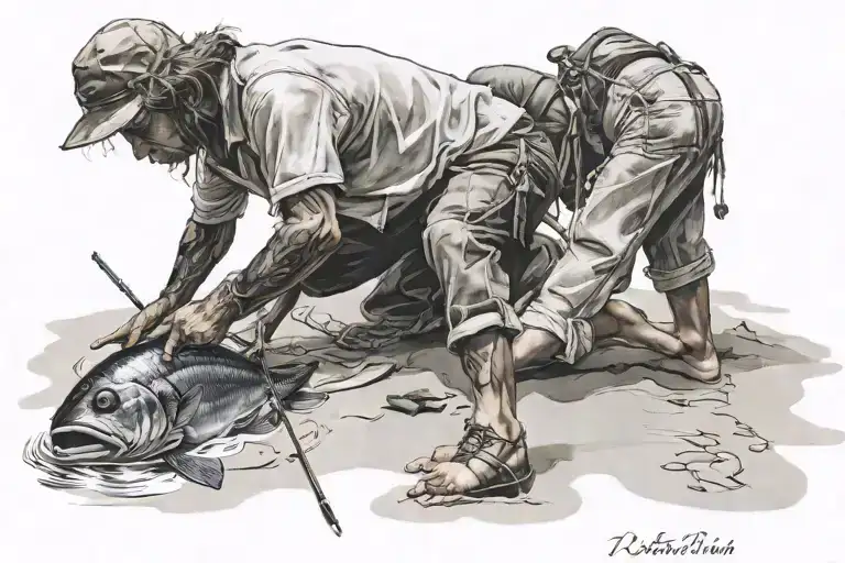 Woman Painting A Fisherman On The Beach Shore