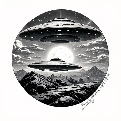 Alien Ship Ufo Abduction Scene With Intricate Blackwork