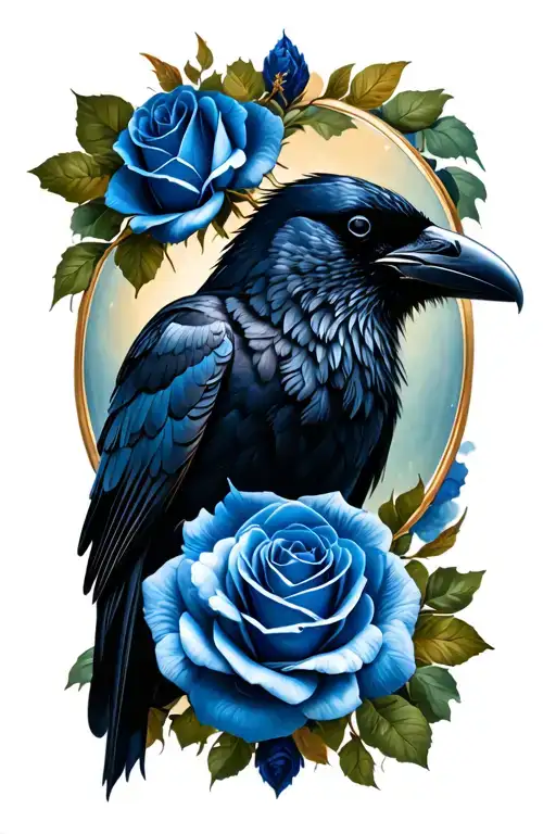 Black Raven With Blue Roses