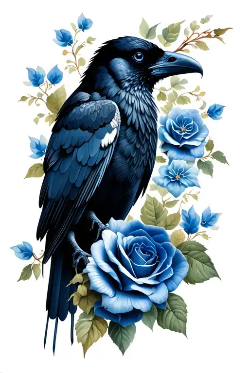 Black Raven With Blue Roses