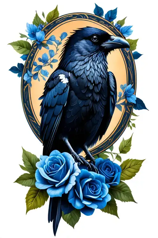 Black Raven With Blue Roses