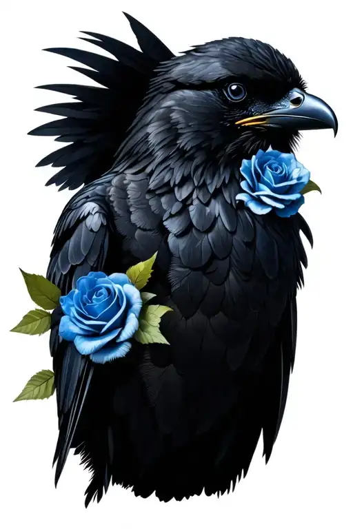 Black Raven With Blue Roses