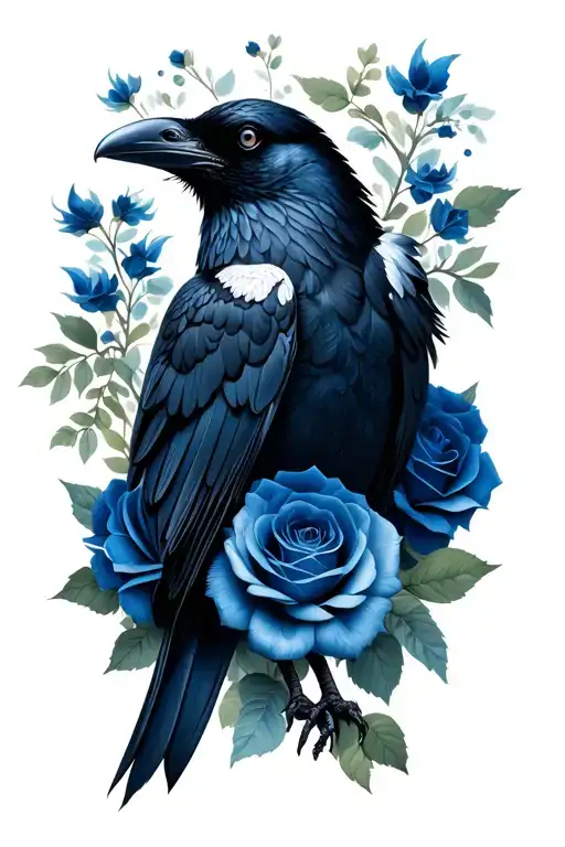 Black Raven With Blue Roses