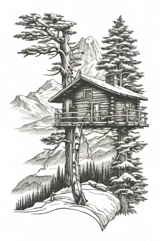 Skis On A Tree With Cabin And Mountains In Background