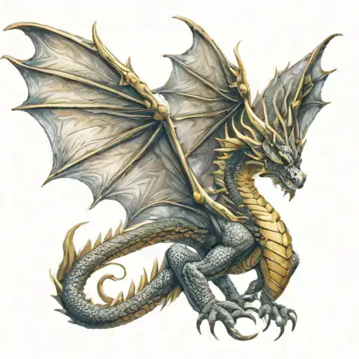 Dragon With Wing And Gold Below