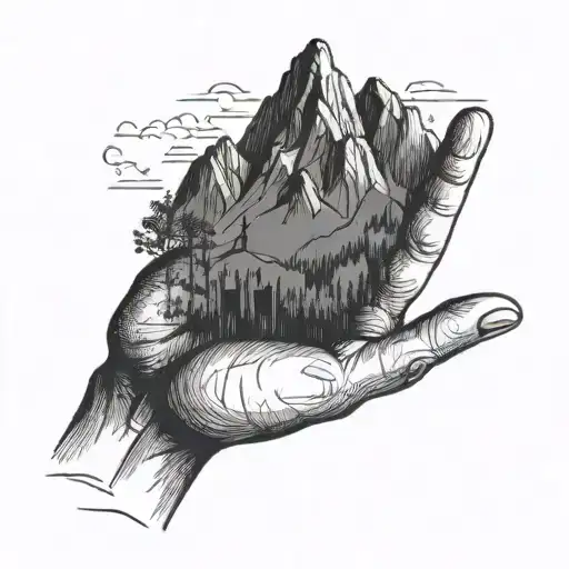 A Simple Black Line Drawing Of A Mountain Being Held In The Palm Of A Human Hand