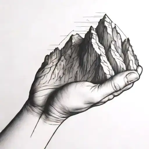 A Simple Black Line Drawing Of A Mountain Being Held In The Palm Of A Human Hand