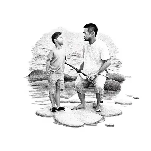 40 Years Old Father And 5 Years Old Son Are Fishing By The Seaside