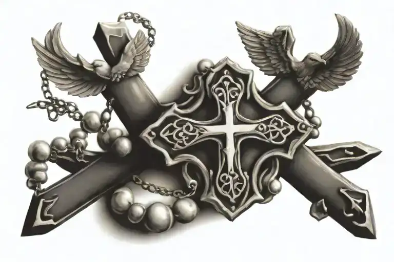 Christian Cross Tatoo Design Combining With Rosary And Dove