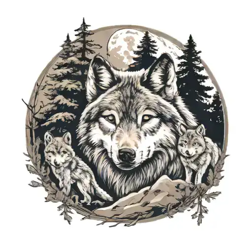 Wolf With Cubs And Background Forest With Moon