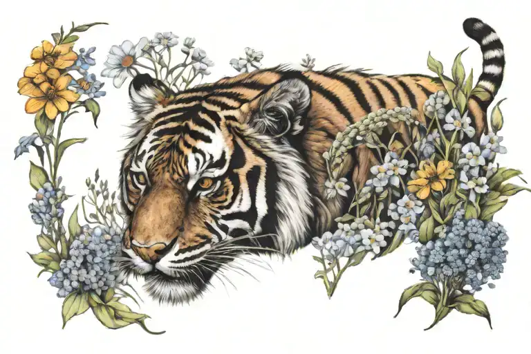 A Tiger Surrounded By A Field Of Wildflowers