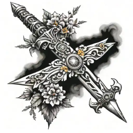 A Dagger Surrounded By Libra Constellation With Marigold Flowers And Larkspur