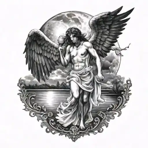 A Dark Angel Standing Behind A White Angel Hovering Over A Moon Light Lake