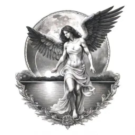 A Dark Angel Standing Behind A White Angel Hovering Over A Moon Light Lake