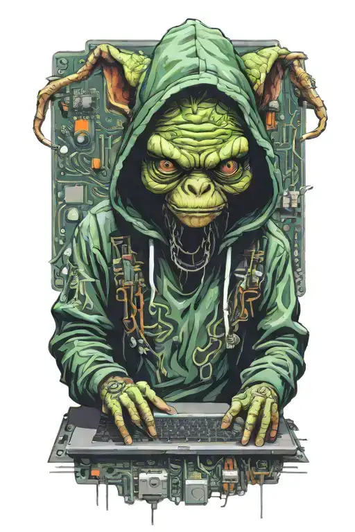 Gremlin Hacker Wearing A Hoodie Using A Laptop Circuit Board